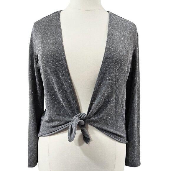 Chico's Travelers Gray Metallic Shimmer Tie Front Cropped Cardigan Party Stretch - Picture 1 of 7